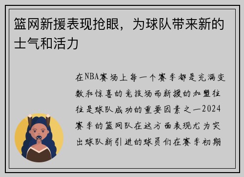 篮网新援表现抢眼，为球队带来新的士气和活力
